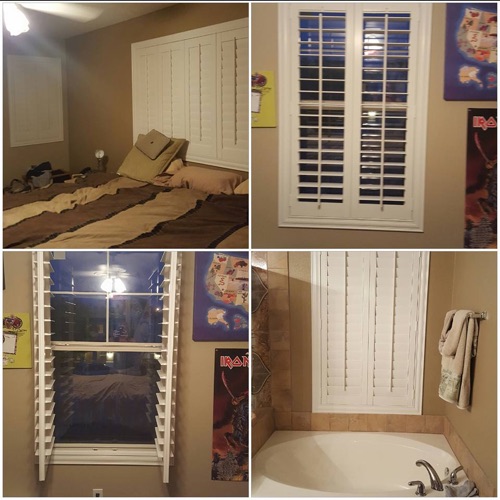 Polywood plantation shutters in bedroom and bathroom